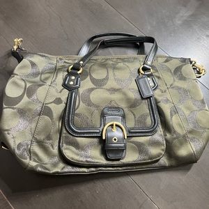 NWOT olive green coach purse, never used, has short and long handles